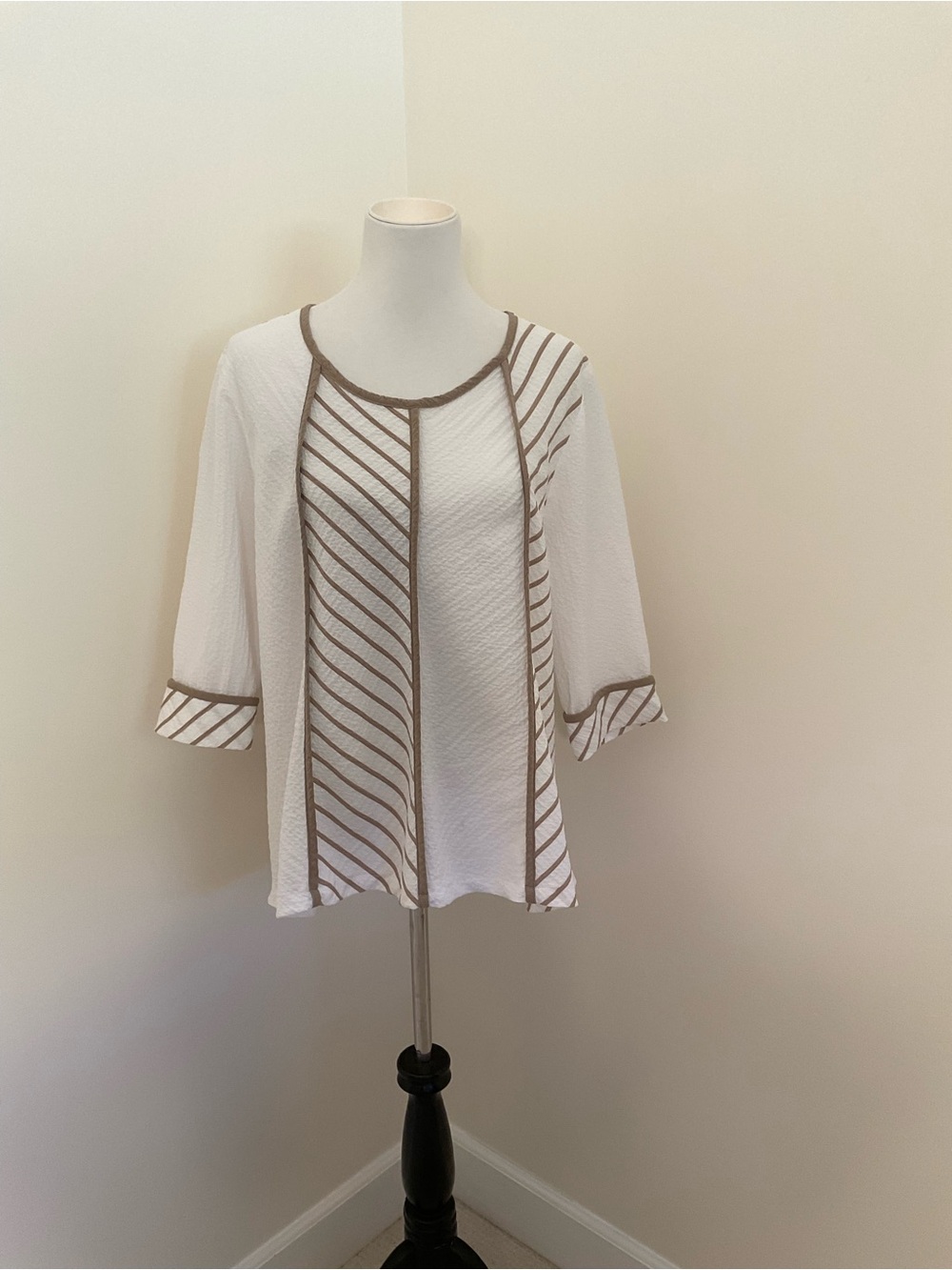 Moonlight Y&S Fashion Designs White Tunic Top with Taupe Diagonal Trim